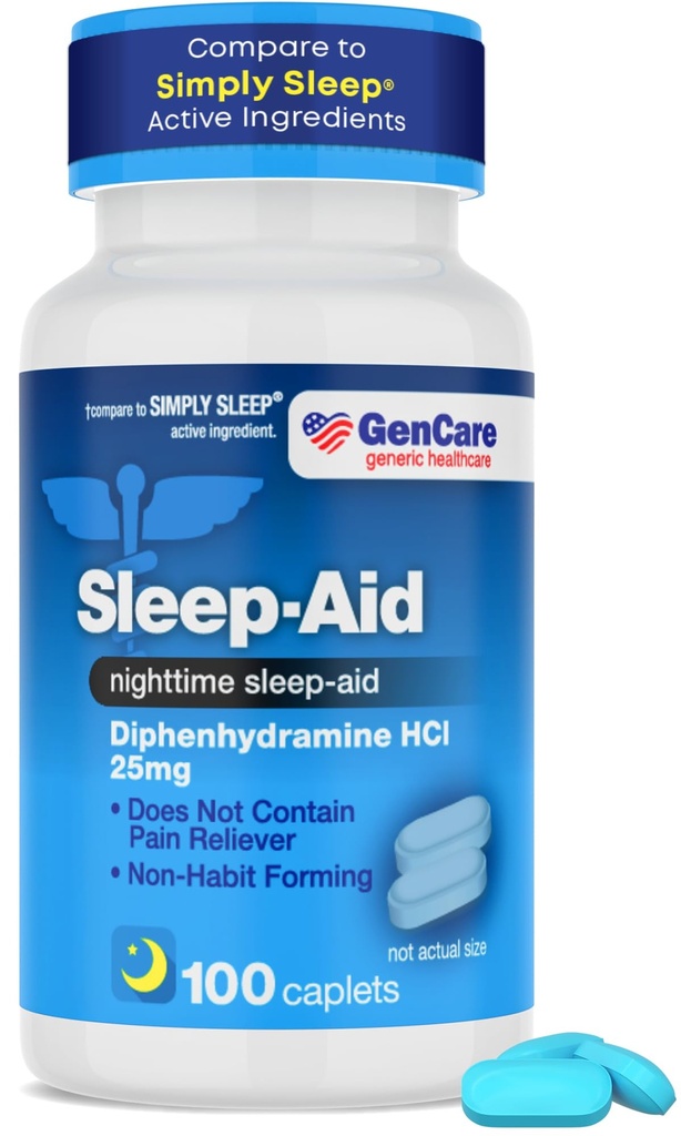 GenCare - Slaaphulp Difenhydramine HCL 25mg Blue Caps (100 Caplets) - Non Habit Forming Nighttime Slaappillen voor volwassenen om te vallen Slaap sneller & Slaap dieper door de nacht - Slaapmiddelen