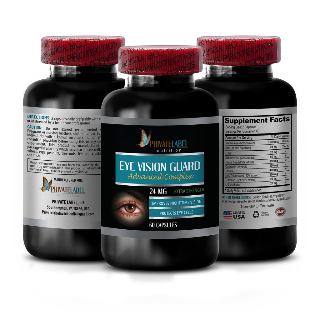 Vitamines de la vision avec lutéine - Eye Vision Guard 24 MG - Complexe avancé, Soutien de la vision des yeux, Suppléments de lutéine, Supplément de vitamine A, Extrait de curcuma, Extrait de baies, Taurine, 1 Bot 60 Capsules