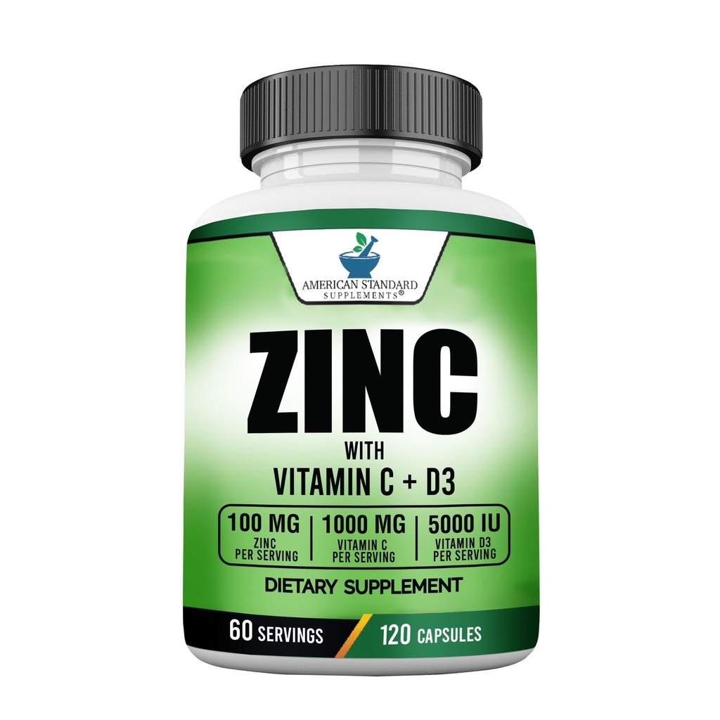 American Standard Supplements Zink 100mg, Vitamine C 1000mg en Vitamine D3 5000 IE (125mcg) Per portie - Glutenvrij, Non-GMO, 120 Capsules, 60 porties