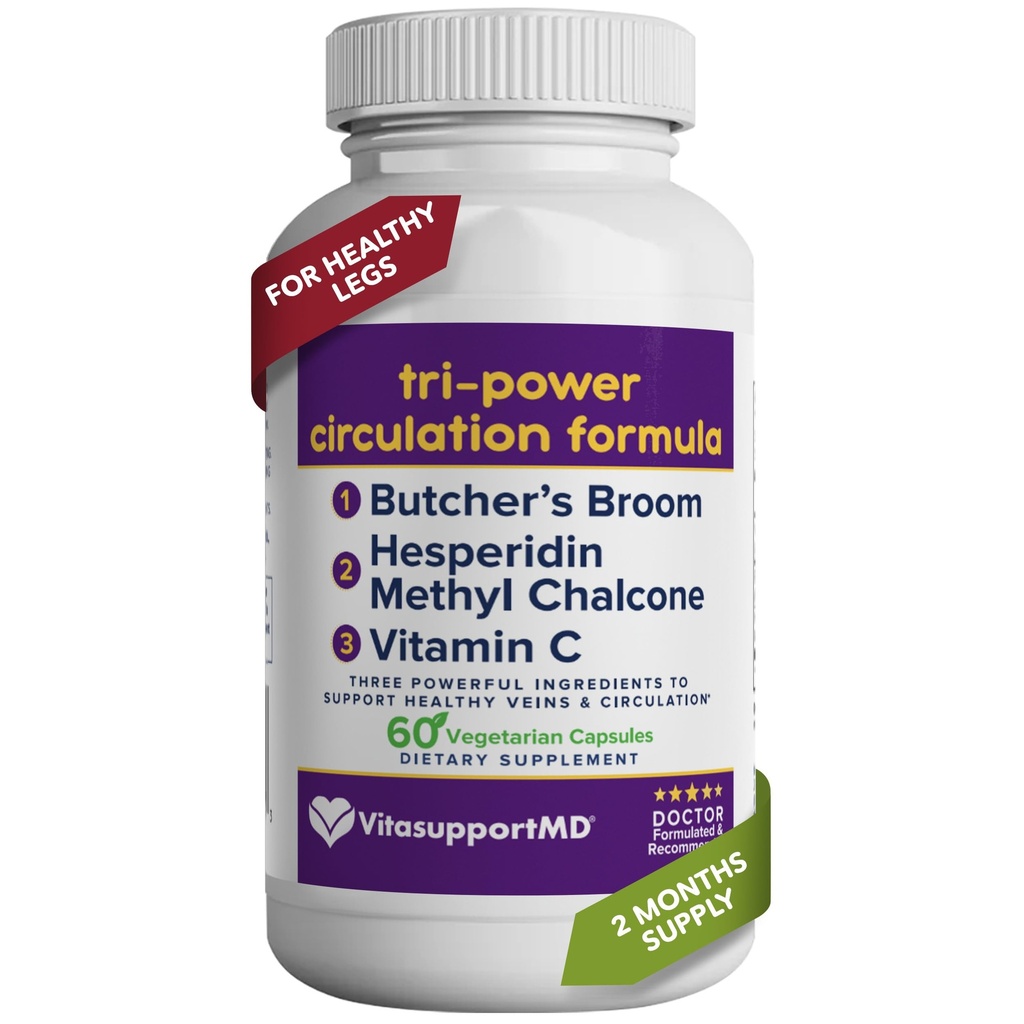 Tri-Power Circulatie Formule - Circulatie Supplement met Butcher's Broom, Hesperidin Methyl Chalcone, en Vitamine C, 60 Capsules, voor bloed en been Circulatie, Vein Health Support