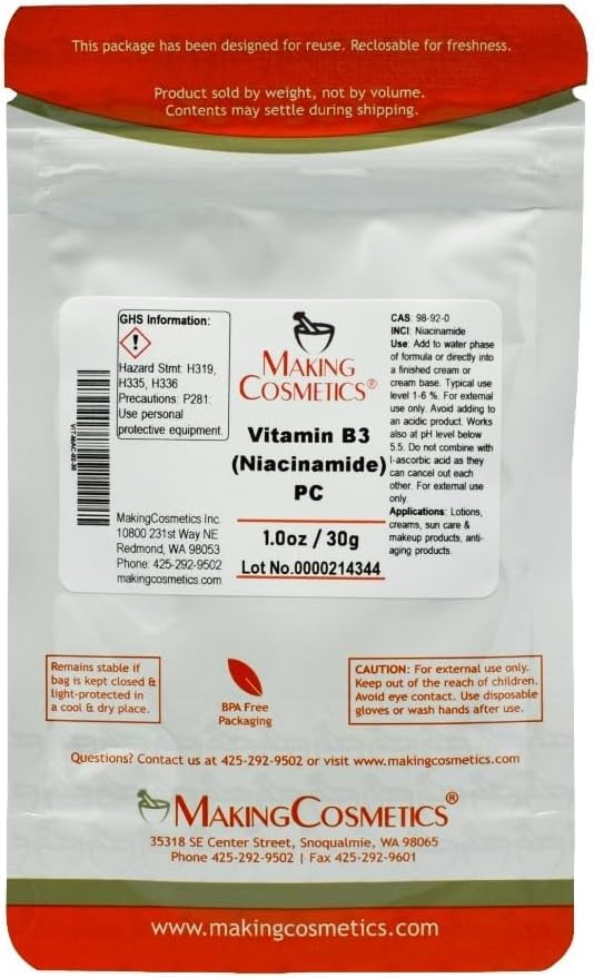 MakingCosmetics - Vitamin B3 (Niacinamide) PC - 1.0oz / 30g - Cosmetic Ingredient