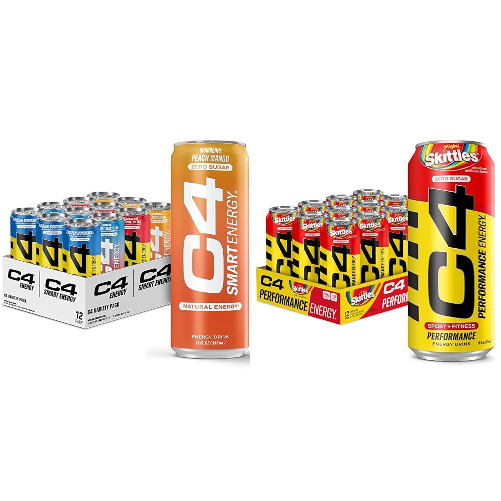 C4 Energie & Smart Energy Drinks Variety Pack, Sugar Free Pre Workout Performance Drink & C4 Energy Drink, Skittles, Carbonated Sugar Free Pre Workout Performance Drink