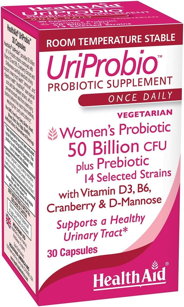 HealthAid UriProbio – 50 Billion CFU Women’s Probiotic with Prebiotic, Cranberry, D-Mannose, Vitamin D₃ & B₆ | Supports Urinary Tract & Digestive Wellness, Acid & Bile Resistant, Vegan