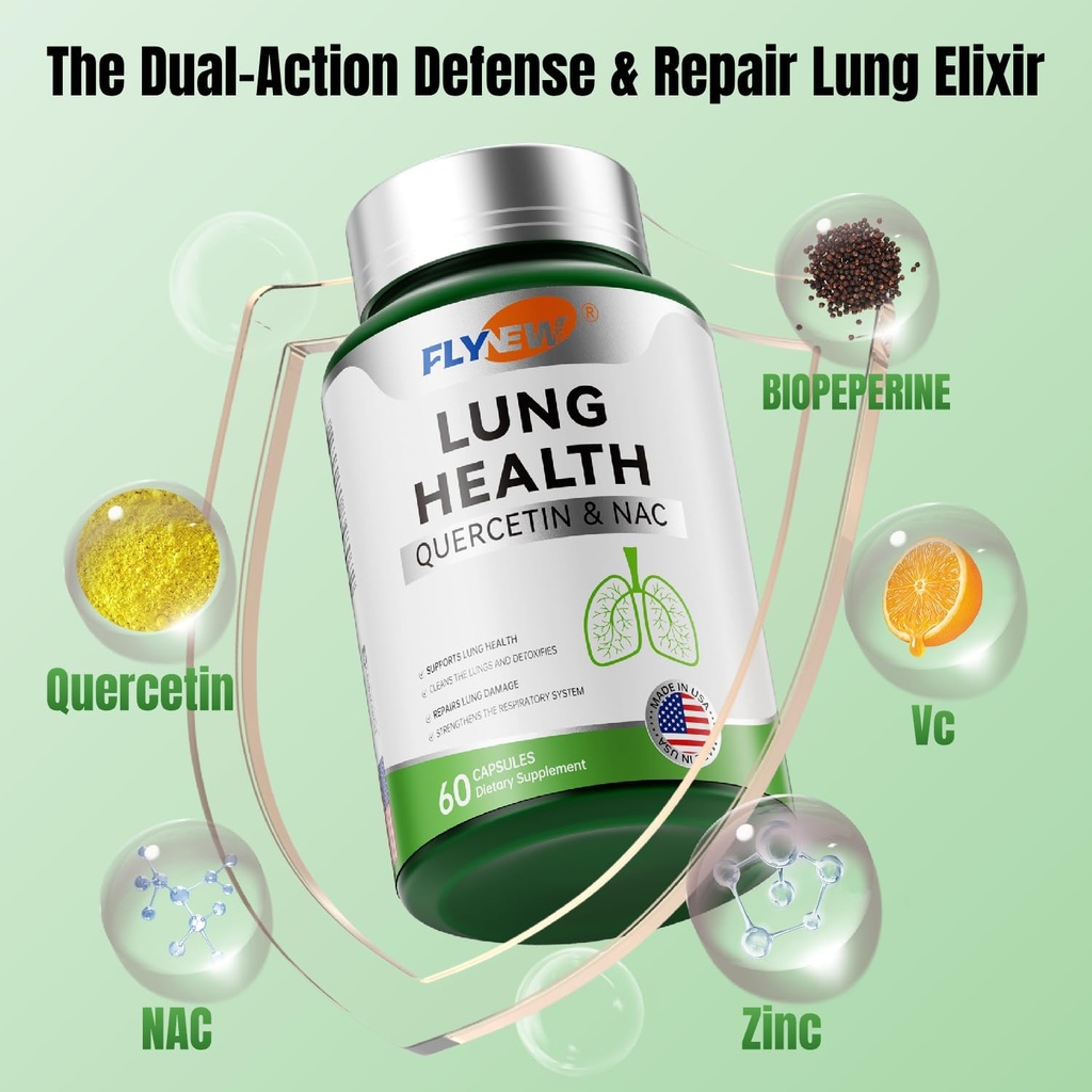Santé pulmonaire, Quercetin à base de plantes et NAC, Soutien respiratoire, Nettoyage pulmonaire, Vitamine C, Zinc, GMP, Fabriqué aux États-Unis 60 Capsules