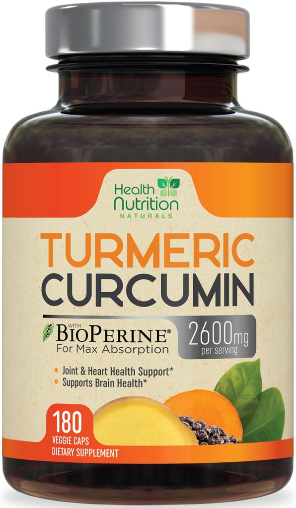 Kurkuma Curcumine Supplement 2600mg - 95% Curcuminoïden met Organische Kurkuma & BioPerine Black Pepper voor Beste Absorptie, Nature's Vegan Joint Support, Non-GMO Tumeric, Bottled in USA - 180 Capsules