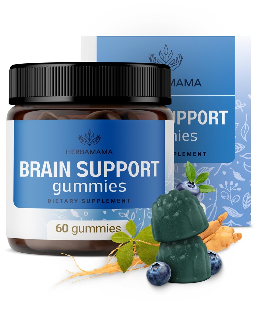 HERBAMAMA Gummies de soutien au cerveau – Suppléments de focalisation du cerveau pour les adultes atteints d'Ashwagandha, Bacopa Monnieri, Vitamine C & B12 – Gummes végétaliens, non-OGM calmants – 60 Pectines à base de bleuets aromatisés