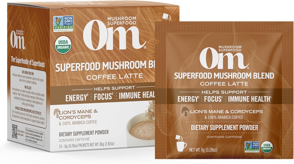 Om Mushroom Superfood Coffee Latte Blend Mushroom Powder, Single Serve, 10 Count, Lion's Mane, Cordyceps, Reishi, Chaga, Energie & Mental Clarity Ondersteuning Supplement