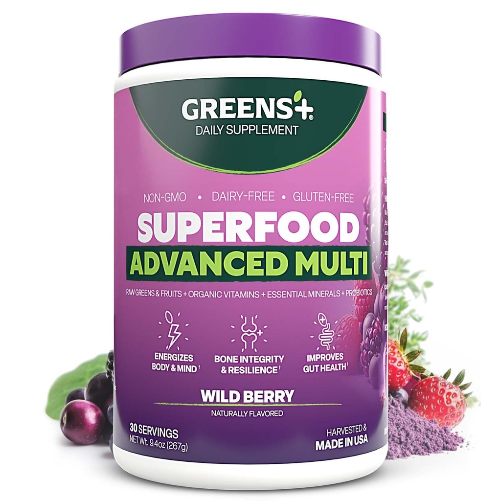 Verts+ Avancé en poudre de superaliments aux baies sauvages, mélange biologique, végétalien, non-OGM, sans soja, sans lait, sans gluten, supplément alimentaire avec vitamines et minéraux, 9,4 oz