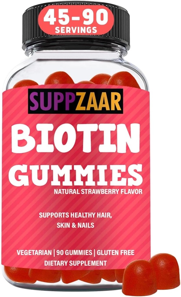 Vegan Biotin Gummies - Vitaminen voor haargroei voor vrouwen & mannen - Haarhuid en nagels Vitaminen - Aardbei Smaak Gummy Vitaminen - Non-GMO, Gelatine & Glutenvrij, 90 Gummies - SUPPZAAR
