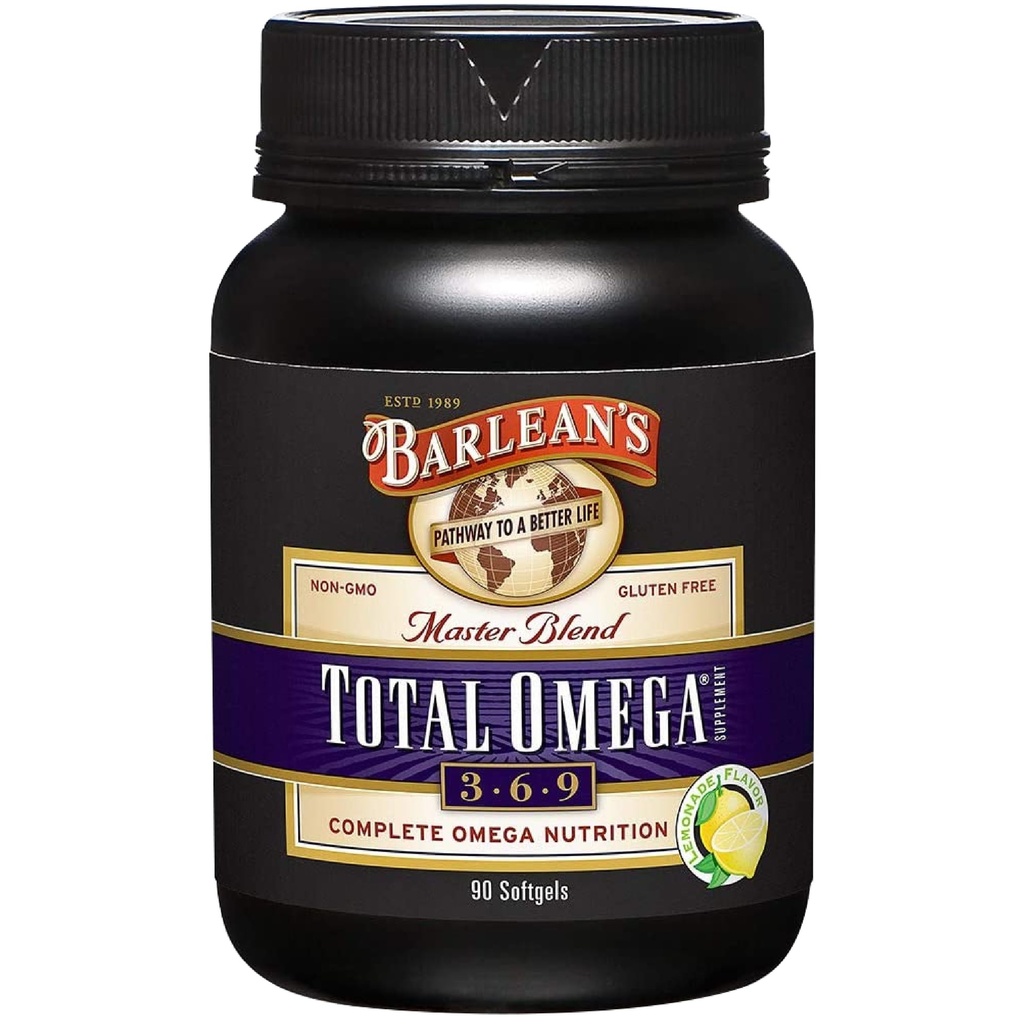 Barlean's Total Omega 3 6 9 Softgels, Blended Fish Oil Supplement met Borage en Vlaszaadolie, 1.000 mg Omega's ALA, EPA, DHA en GLA voor gezamenlijke ondersteuning Supplementen en Hartgezondheid, 90 Tellen