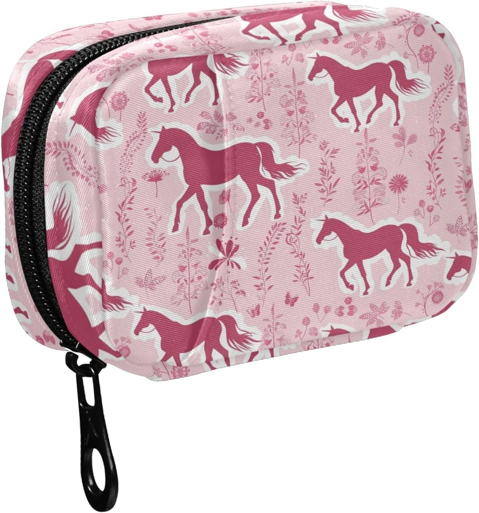 Fustyad Pink Horse Silhouette en Botanical Decor Elements Pill Organizer voor Purse, Weekly Portable Pill Box met rits naar opslag Vitaminen Visolie Medicijnen Supplementen