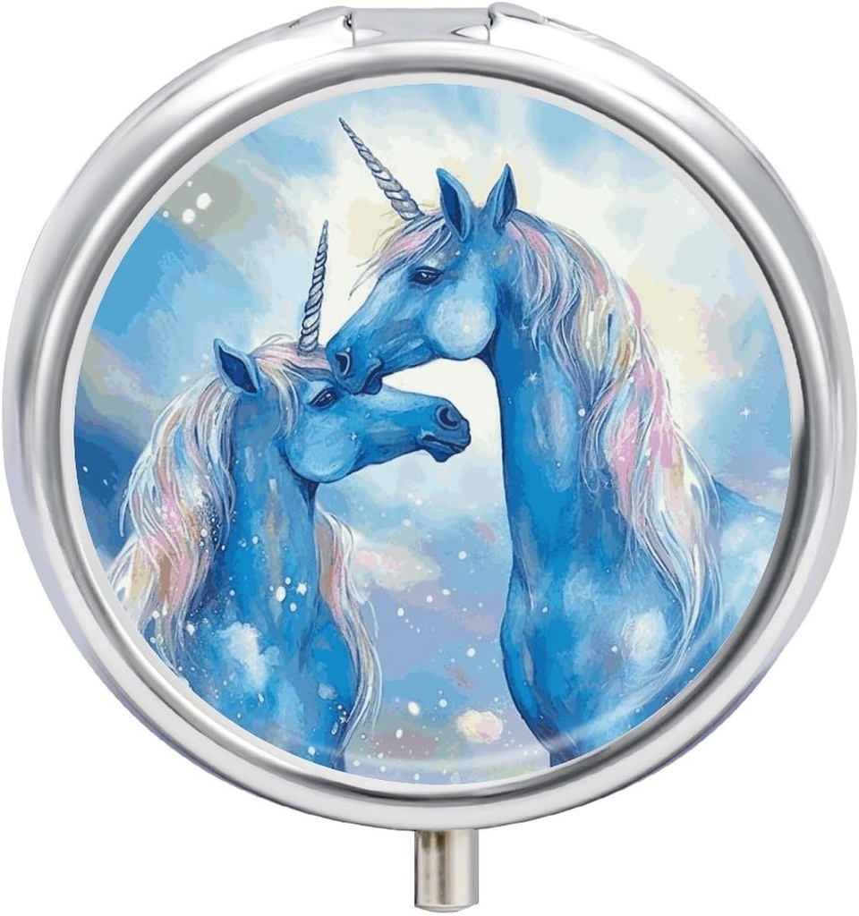 Round Pill Case 3 Compartment Blue Horse Love Pill Box Mini Medicine Pill Organizer Portable Travel Pillbox for Pocket Purse Metal Pill Container for Vitamins Fish Oil Supplements