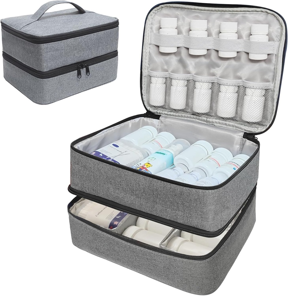 Reis Geneeskunde Organisator en Opbergzak - Dubbele Lagen Pillen Fles Organizer Bag voor Noodmedicijn, Complementen of Medische Kits, Zippered Lockable Lege Medicine Bag voor thuis (Grey, M)