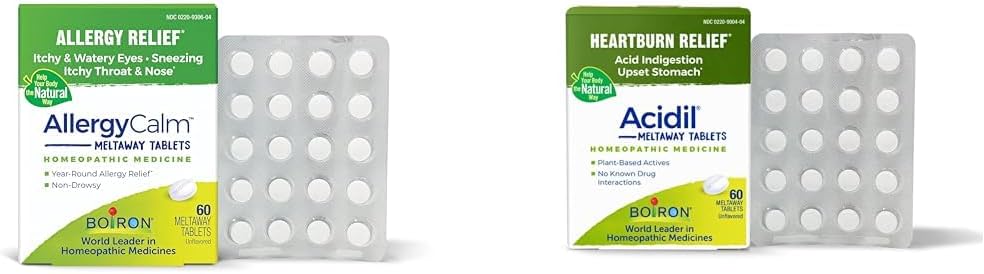 Boiron Allergy and Acid Reflux Relief Bundle with AllergyCalm Tablets (60 Count) and Acidil for Acid Reflux and Indigestion (60 Count)