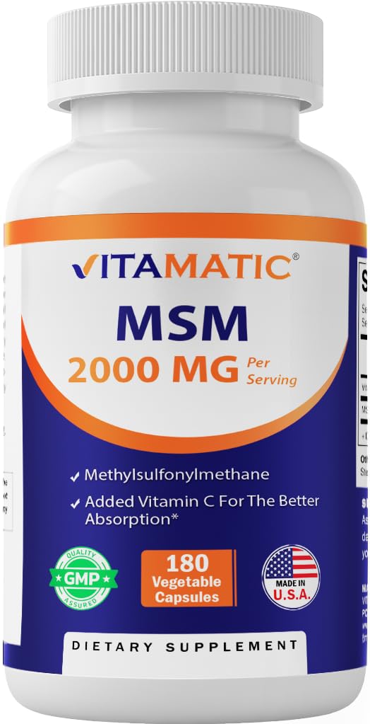 Vitamatic MSM 2000 mg met vitamine C 75 mg per portie - 180 Veg Capsules - Vitamine C Hulp bij betere absopriton van MSM (methylsulfonylmethaan) - Non-GMO & Glutenvrij