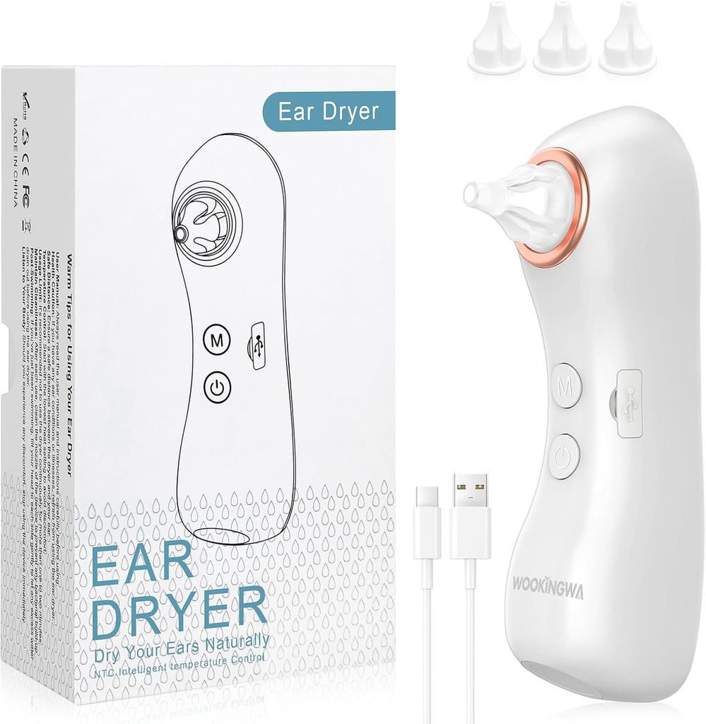 Oordroger, oplaadbare Oorwaterverwijderaar met licht, elektronische Warm Air Oordroger Apparaat voor Zwemmen, Douchen, Surfen, Duiken, Gehoorhulpgebruik (Ear Dryer met 3 Tips)