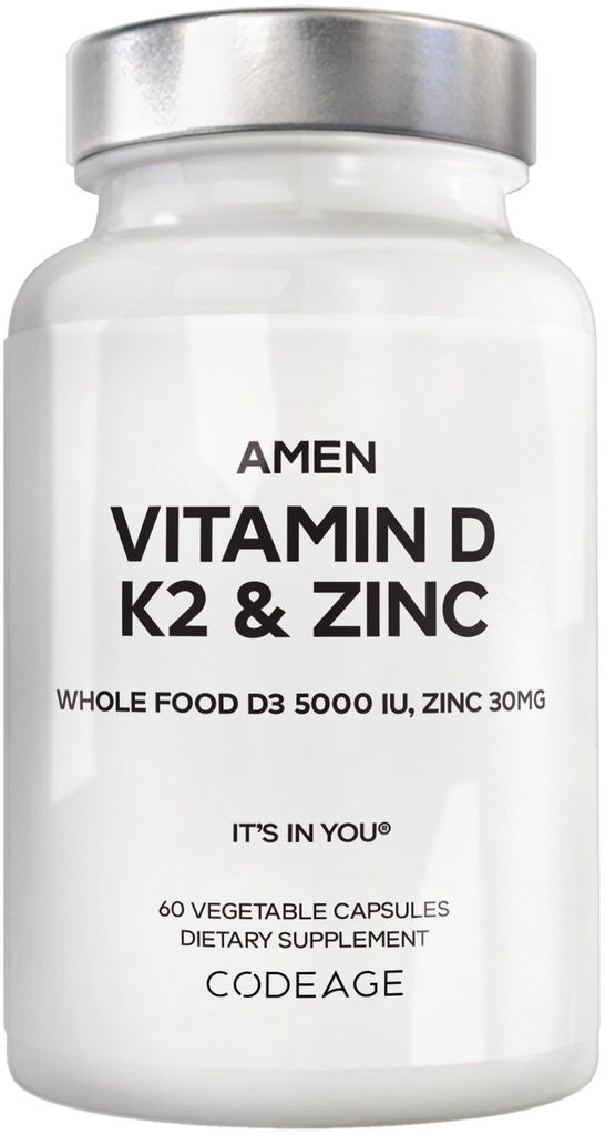 Amen Vitamin D, K2 & Zink, Cholecalciferol D3 5000 IE, Organic Whole Food Blend with Apple, Blueberry, Cranberry, Elderberry Powder Fruits, Vegan Supplement, D3 K2 Vitaminen, Non-GMO - 60 Capsules