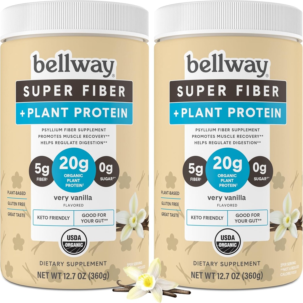 Bellway Super Fiber + Proteïne Poeder (2 Pack), Suikervrije Biologische Psyllium Husk Fiber Supplement Poeder met 20g Plant Proteïne Per Serving, Zeer Vanille, 24.14 oz