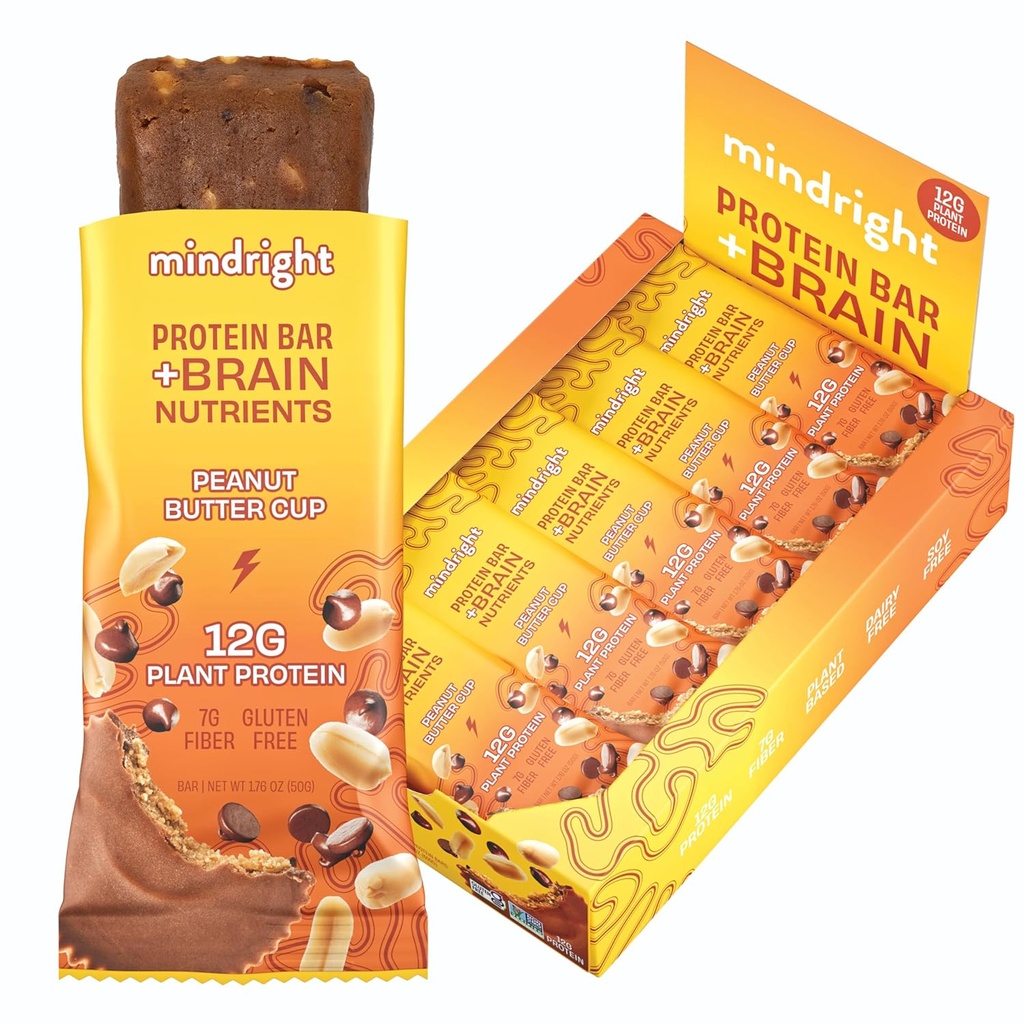 Mindright Superfood Vegan Protein Bar - sans gluten, non-gmo, faible sucre - Snack de la nourriture du cerveau pour améliorer l'humeur, l'énergie et le focus - Pack de 12 (Peanut Butter Cup)