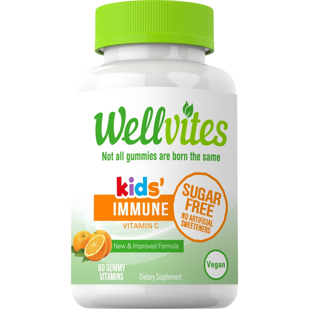 Wellvites Sugar Free Kids Immune Daily Gummy Vitamins - Vegan, Non-GMO - Vitamine C Gummies for Kids Immune Support, No Artificial Sweeteners, Gluten-Free, Gelatine-Free, 60 Tellen (30 dagen levering)