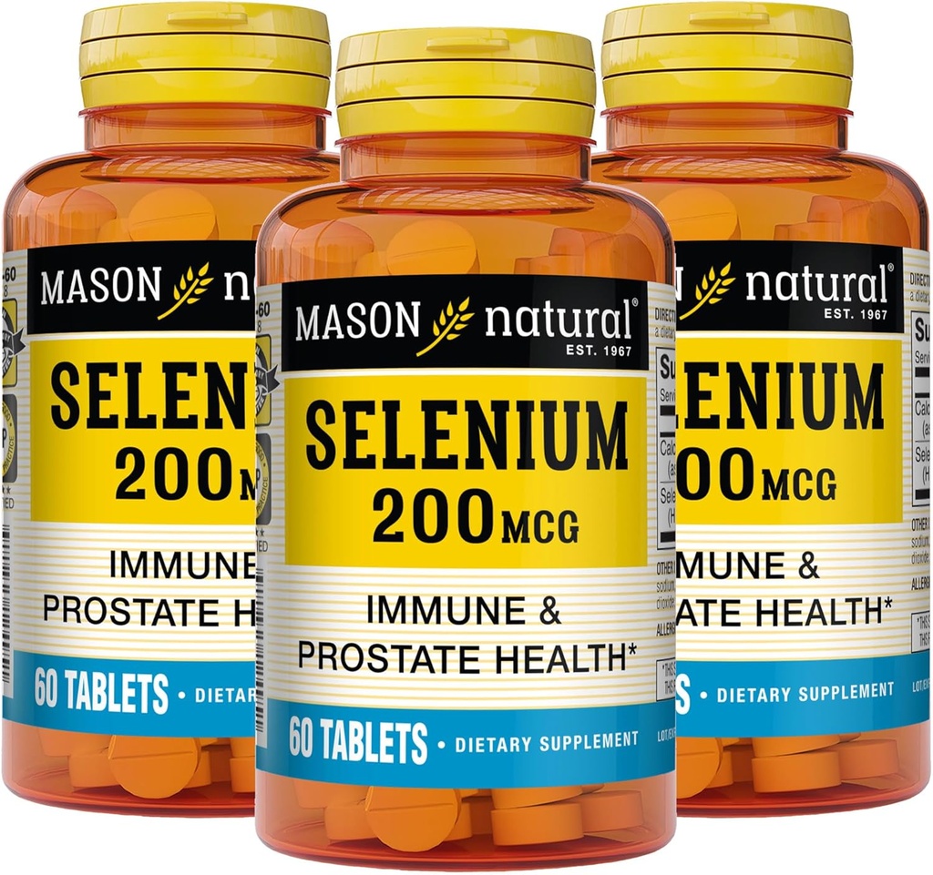 MASON NATUURLIJKE Selenium 200 mcg - Antioxidant Supplement voor Immune Support & Prostate Health, Essential Trace Mineral, 60 tabletten (pakket van 3)