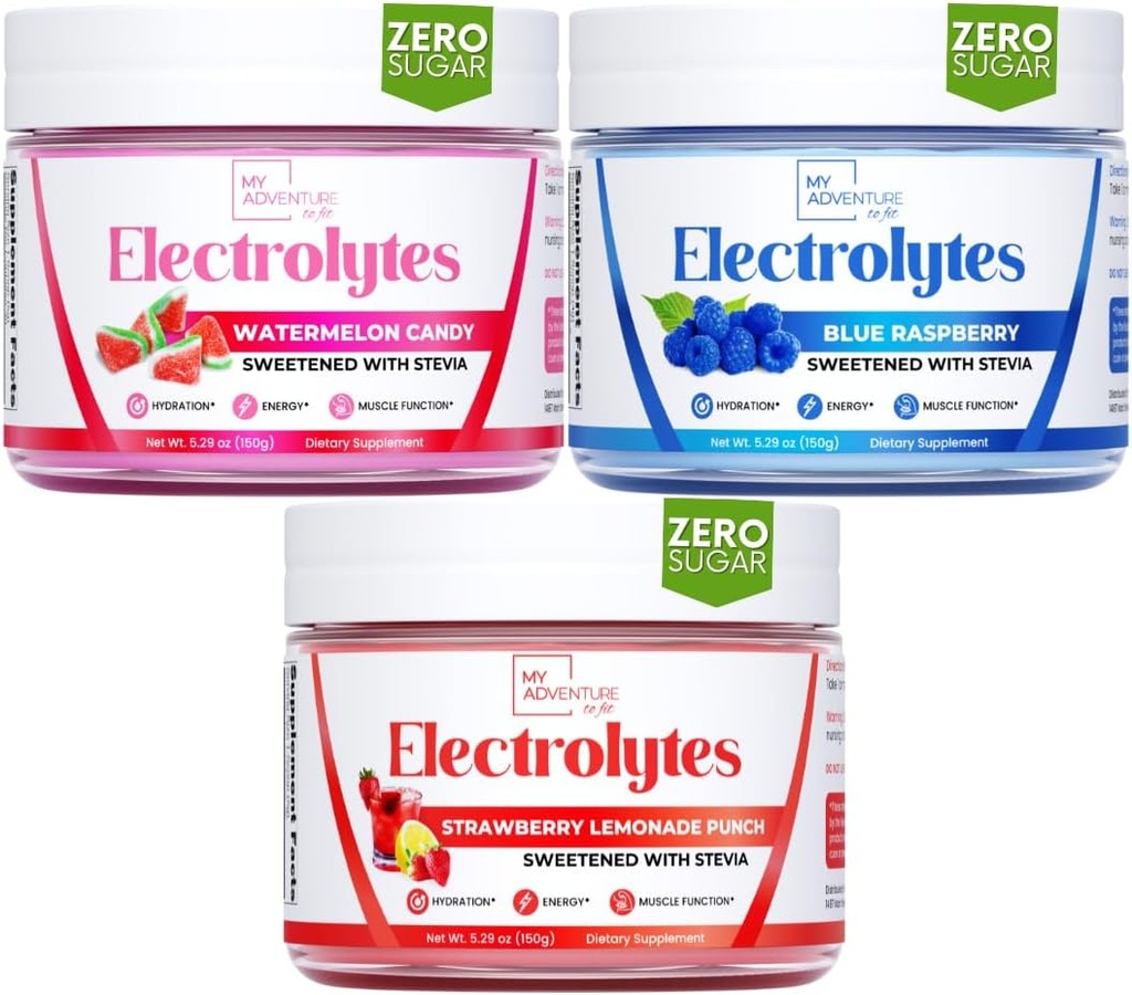 My Adventure to Fit Refreshing Hydration Electrolytes Powder with Zero Sugar, Bundle, Blue Raspberry & Watermeloen Candy & Aardbei Limonade Smaken