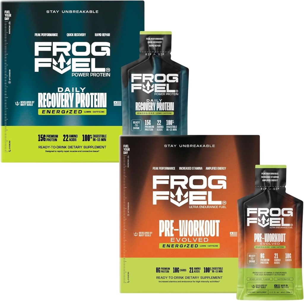 Frog Fuel Power Energized Protein & Ultra Energized Pre Workout Shot Bundle, 1500mg Beta Alanine, 15g Proteïne Nano-Hydrolyzed Gras Fed Collagen, Pre & Post Workout, 1.2 oz Packets, 48 Pack
