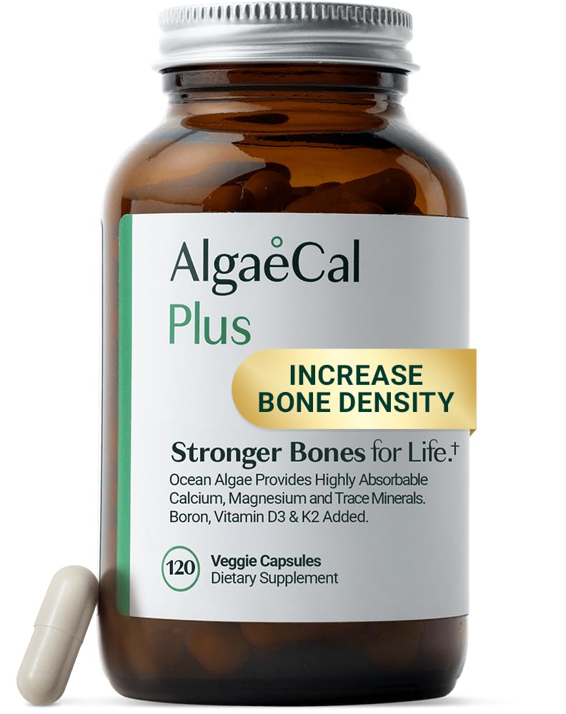 ALGAECAL supplément de calcium d'algues rouges organiques pour la densité osseuse, la vitamine K2 MK7 (100mg), la vitamine D3 (1600 UI), le magnésium (350mg) et les minéraux traces et la force, facile à avaler, 120 capsules de légumes