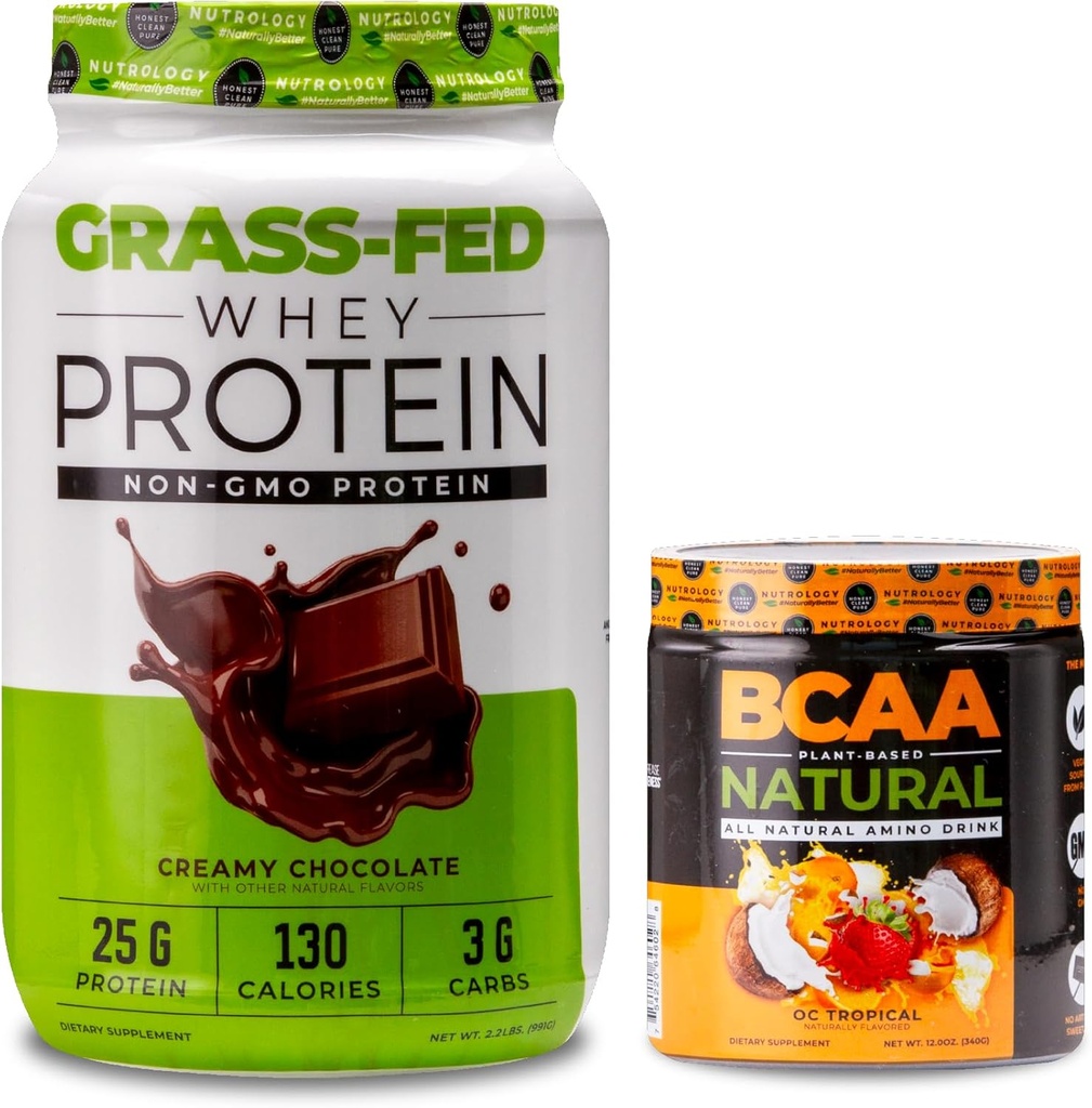 Nutrologie Poudre de protéines de lactosérum de l'herbe, saveur crémeuse de chocolat (28 portions) BCAA Poudre naturelle à base végétale BCAA, saveur de noix de coco orange (30 portions)