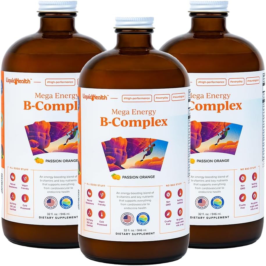 LIQUIDHEALTH Mega Energy Methylated B-complex, Adult Liquid Vitamin Supplement - Verhoog energie, Verlicht stress & vermoeidheid, Immuunondersteuning, Hart & Gut Health - Made in USA, Vegan, Sugar-Free (3 Pack)