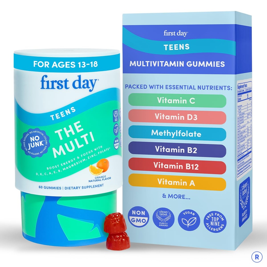 Vitamines du premier jour pour les adolescents - Vitamines multiples pour les adolescentes et les garçons 12-17, Mélange de fruits biologiques et de légumes - 12 nutriments clés : Vitamines A, B1, B2, B6, B9, B12, C, D3, E, K2-30 Approvisionnement quotidien