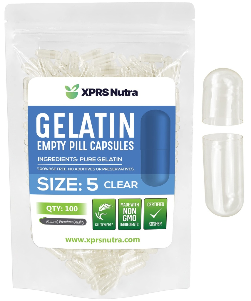 XPRS Nutra Maat 5 Lege Capsules - 100 Tel helder Zeer kleine Lege Gelatine Capsules - Pillen DIY Capsule vullen - Vulbare Pill Gel Caps voor Do-It-Yourself Vitamine Supplementen