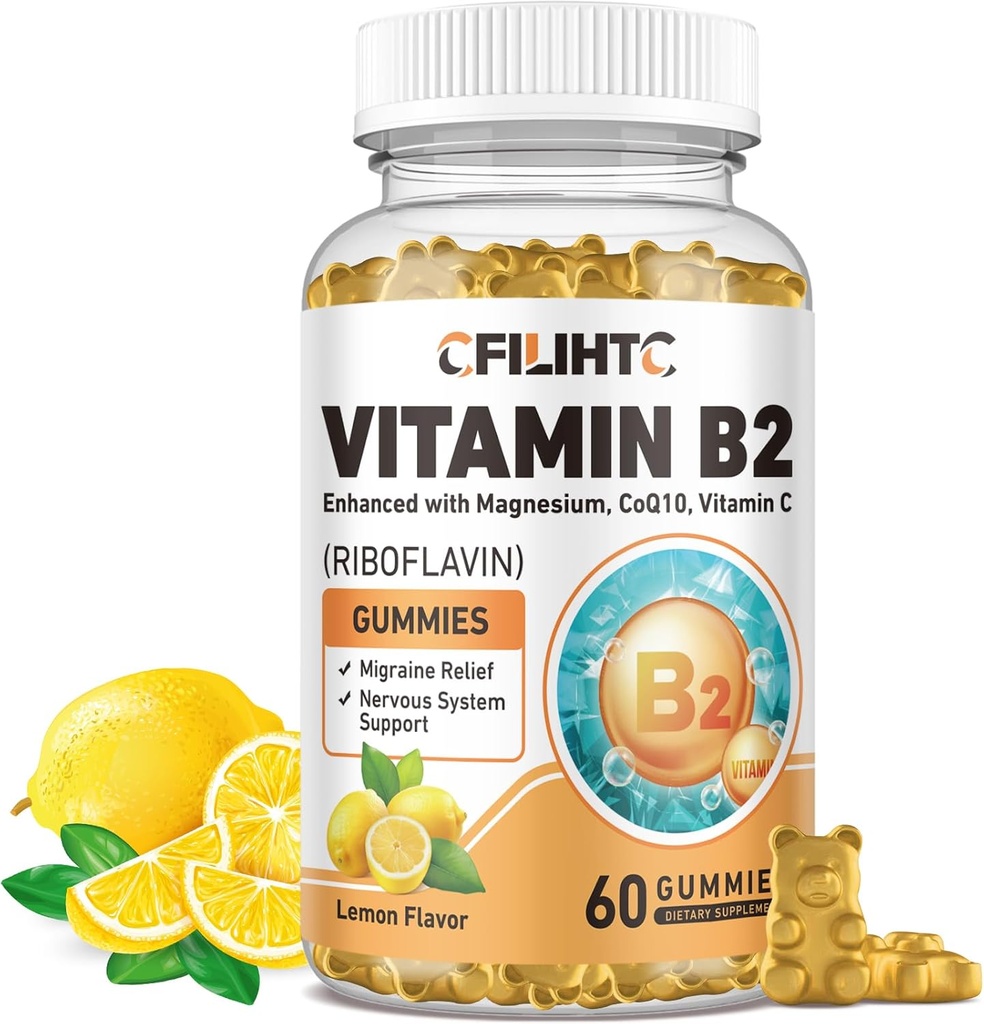 Vitamine B2 Gummies Riboflavine 400 mg Supplement voor kinderen en volwassenen - Magnesium Glycinate, Zink, CoQ10, Vitamine B12 - Migraine Relief & Energy, Nervous System Support, Suikervrije Citroensmaak, 60ct