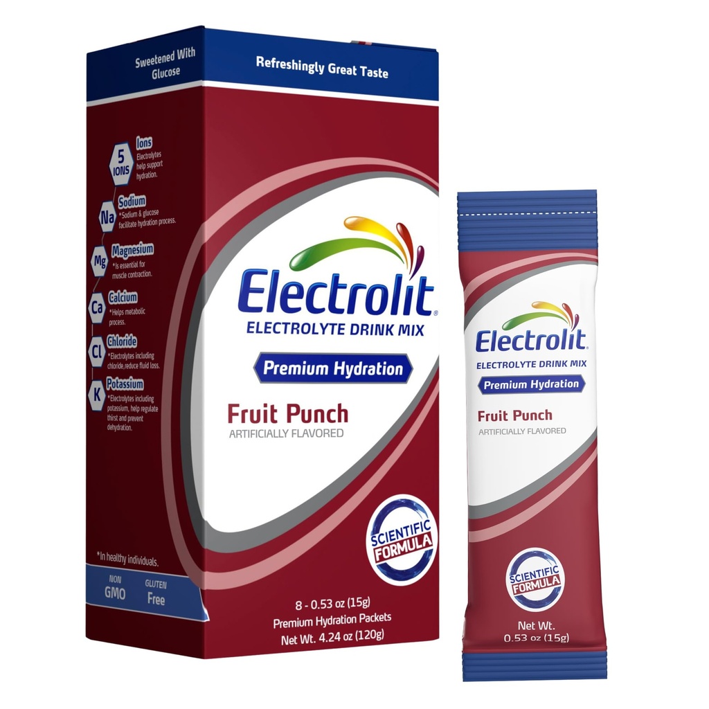 Electrolit Electrolytes Powder Packets, Fruit Punch 8 Pack, Powdered Hydration Packets for Dehydratation & Rehydratation, Post Workout Flavored Hydrating Drink Mix, Gluten Gratis dagelijkse waterverbeteraar Sticks