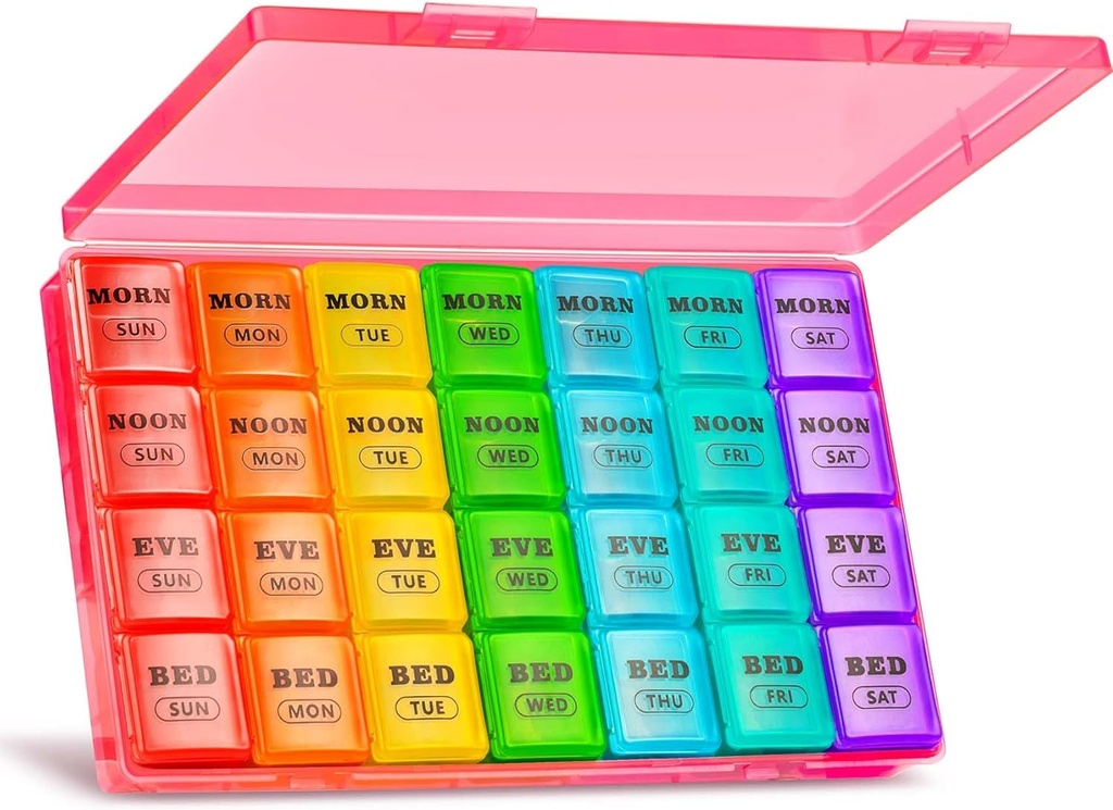 XL Large Weekly pil Organizer 4 keer per dag, 7 dagen pil dozen en Organisator AM PM, Big Compartments Pill Case, Maandelijks Medication Organizer 28 dagen Dispenser voor visolie(Rood)