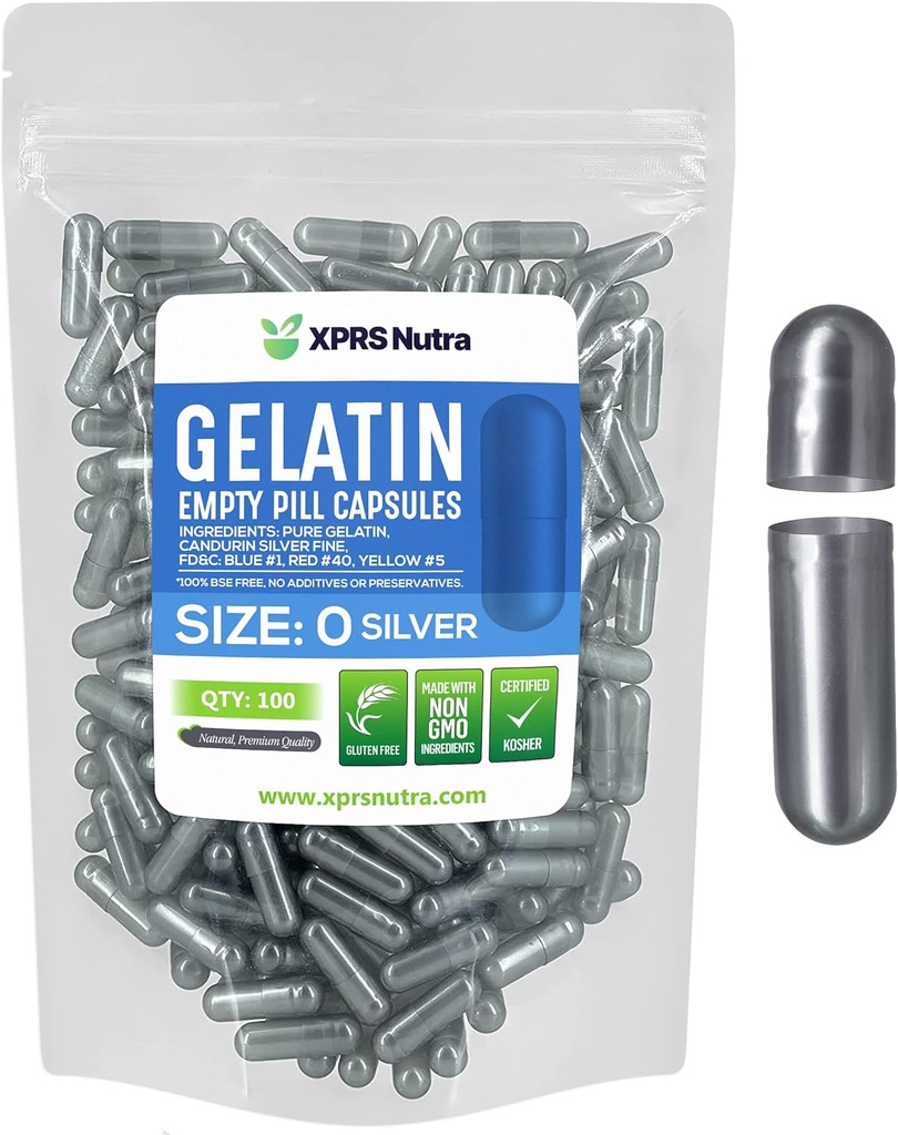 XPRS Nutra Formaat 0 Lege capsules - 100 Telle Lege Gelatine Capsules - Pillen DIY Capsule Vulling - Pure Bovine Pill Gel Caps for Do-It-Yourself Supplements (Zilver)