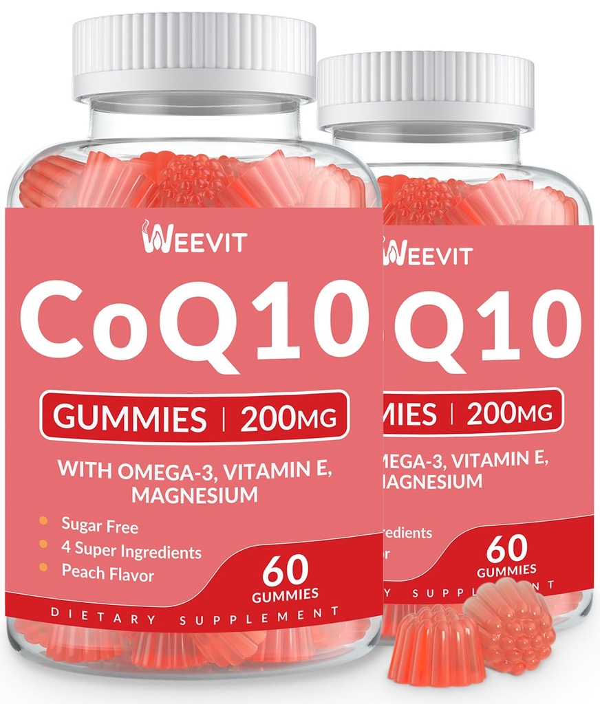 Suikervrij CoQ10 Gummies 200 MG, Co-enzym Q10 (Ubichinon) Gummies voor volwassenen, Co Q10 Supplement met Omega-3, Magnesium, Energie, Hersenondersteuning