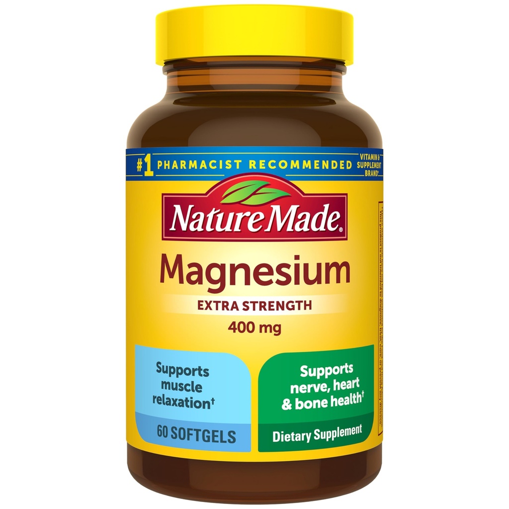 Nature Made Magnesium Oxide 400 mg Softgels, Extra sterkte Magnesium supplementen voor mannen en vrouwen, Ondersteuning voor spier, nerve, bot en hart, 60 dagen levering