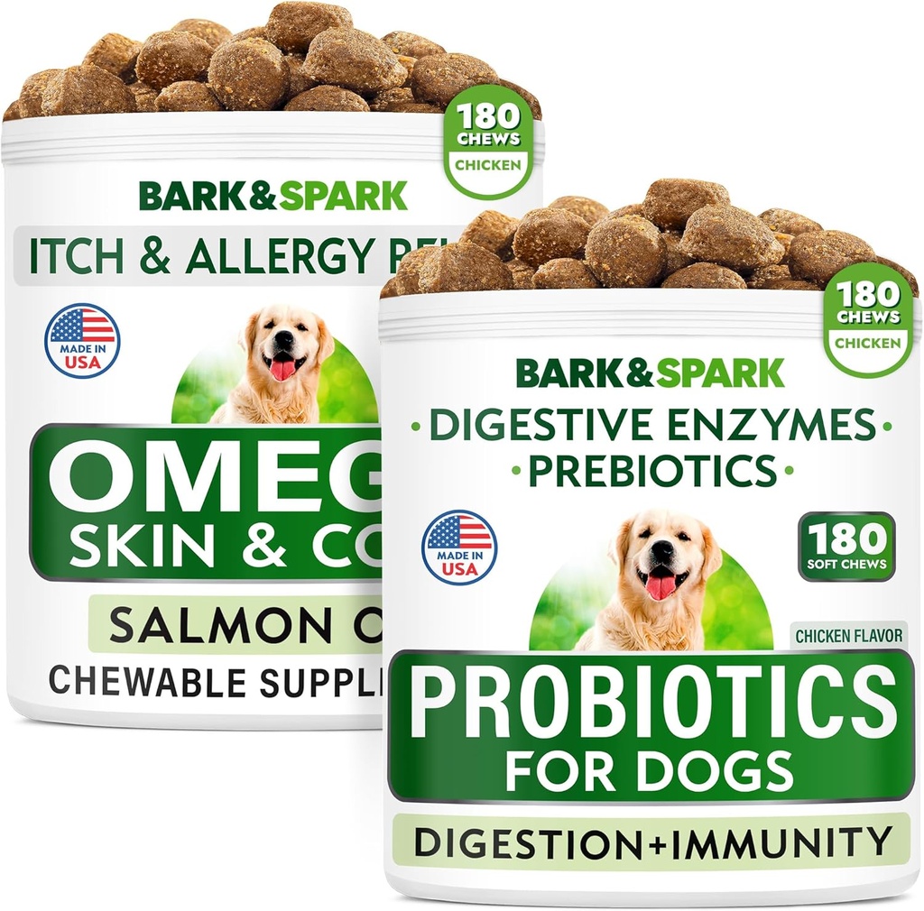 Hondenprobiotica Kauwen + Omega 3 voor honden Bundel - Gas, diarree, constipatie, verstoorde maag Relief + Allergie en jeuk Relief - Digestieve Enzymen + Prebiotica + Omega 3 - Huid- en mantelondersteuning