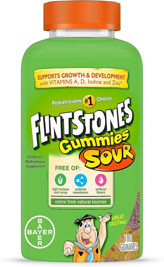 Flintstones Zure Gummy Vitaminen voor kinderen, Kinderen Multivitamine Gummies met Vitaminen C, B6, B12, A & Vitamine D, Ondersteuning Kinderen Groei en ontwikkeling, 180 Tellen