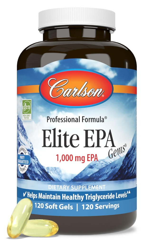 Carlson - Elite EPA Gems, 1000 mg EPA Fish Oil, Wild-Caught, Norwegian Fish Oil, source durable, aide à maintenir des niveaux de triglycérides sains, 120 Softgels