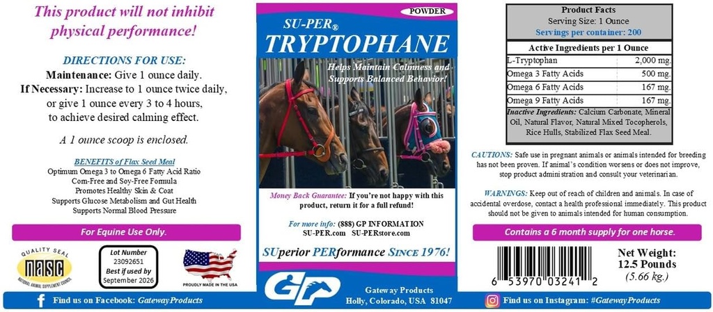 SU-PER Tryptophane Horse Calming Supplement - Behoud kalmte en ondersteunt evenwichtig gedrag - 12,5 pond, 6 maanden levering