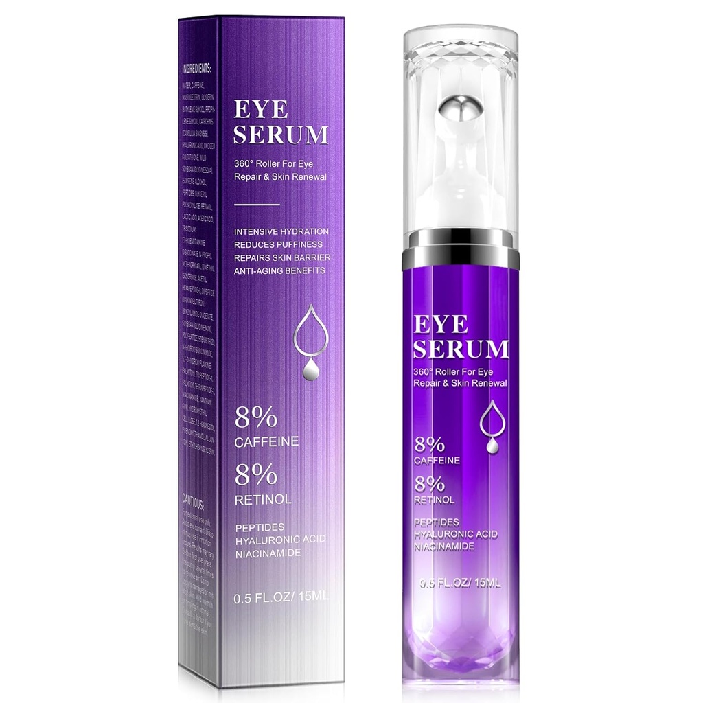 Under Eye Roller Serum - 8% Cafeïne & 8% Retinol Eye Cream for Dark Circles, Puffiness and Bags, Puffy Bags Fine Lines Rimpels, 360° Massage Ball Cream, Hyaluronic Acid Serum for Men & Women