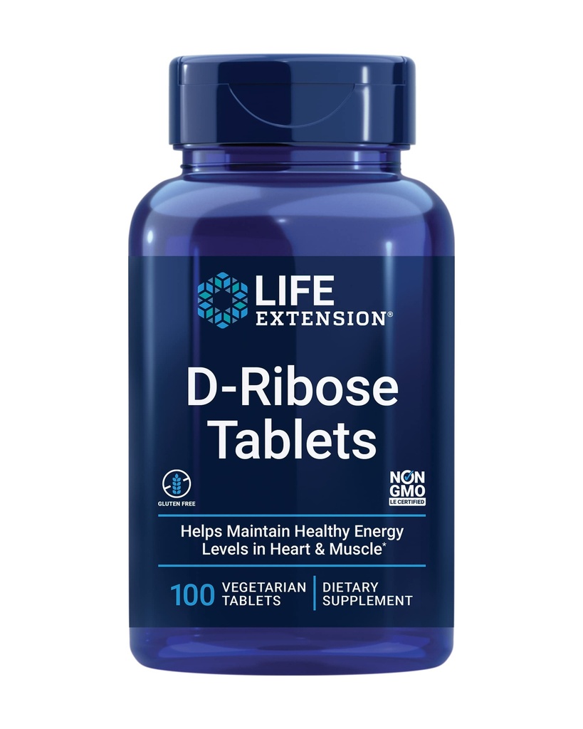 Life Extension D-Ribose tabletten, Plus Calcium, helpt bij het handhaven van gezonde energieniveaus in hart en spier, stimuleert de productie van ATP, Glutenvrije, Non-GMO, Veganistisch, 100 Vegetarische tabletten