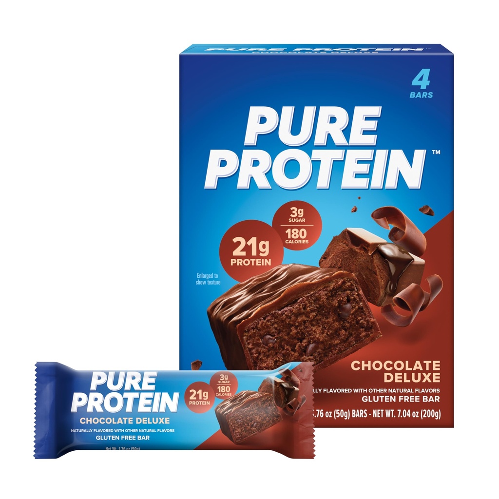 Pure Protein Bars, Hoge Proteïne, Nutrische Snacks ter ondersteuning van energie, lage suiker, Glutenvrij, Chocolade Deluxe, 1,76 oz., Verpakking van 4