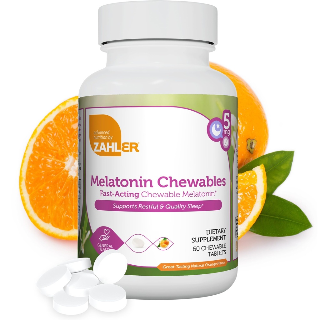 Zahler Melatonine 5mg Tabletten - Snelwerkende Kauwbare Melatonine 5 mg Tabletten - Delicious Orange Smaak - Ondersteunt rustgevende en kwaliteitsslaap - Kosher Niet GGO Made in USA Dieetsupplement, 60 Tellen