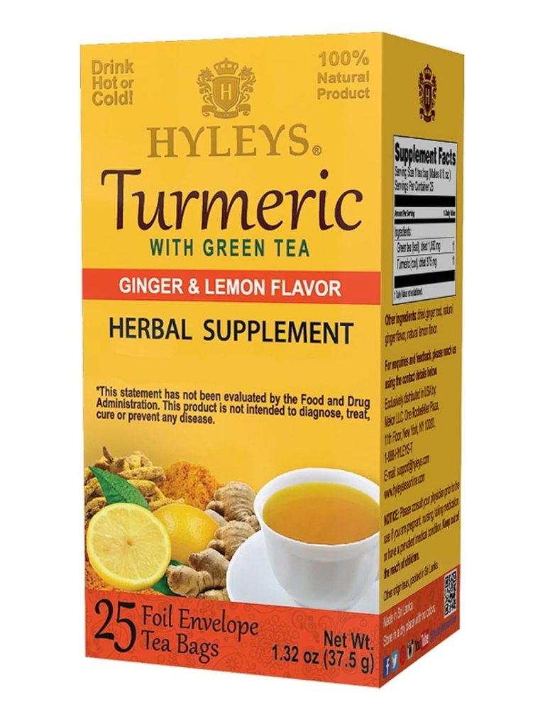 Hyleys Gember Kurkuma thee citroensmaak - 25 theezakjes (12 stuks - 300 theezakjes Totaal) - Wellness kruidensupplement Groene thee