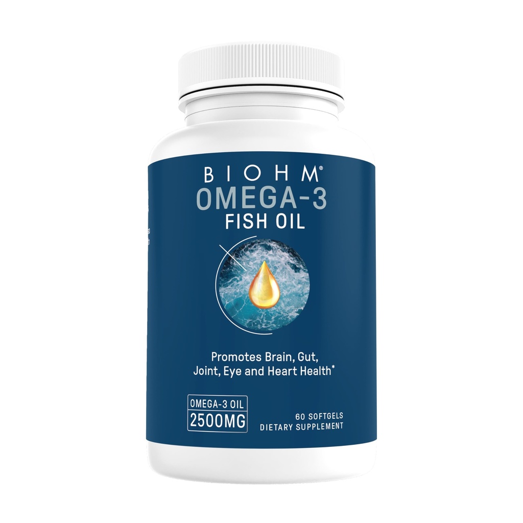 BIOHM Omega-3 Visolie (2500mg, 60 Softgels) Hoge Potentie 860mg EPA & 630mg DHA, Omega 3 Vetzuursupplementen ter ondersteuning van hersenen, gewrichts, oog, lever & Gut Health, duurzaam gegenereerd