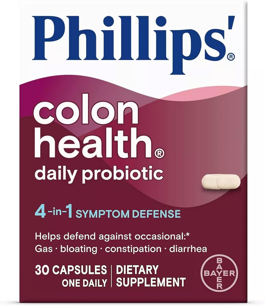 Phillips' Colon Health Daily Probiotic Capsules, 4-in-1 Symptoom verdediging te helpen verdedigen tegen Occasional Gas, Bloating, Constipatie, en diarree, Dagelijkse Supplement, 30 Tellen
