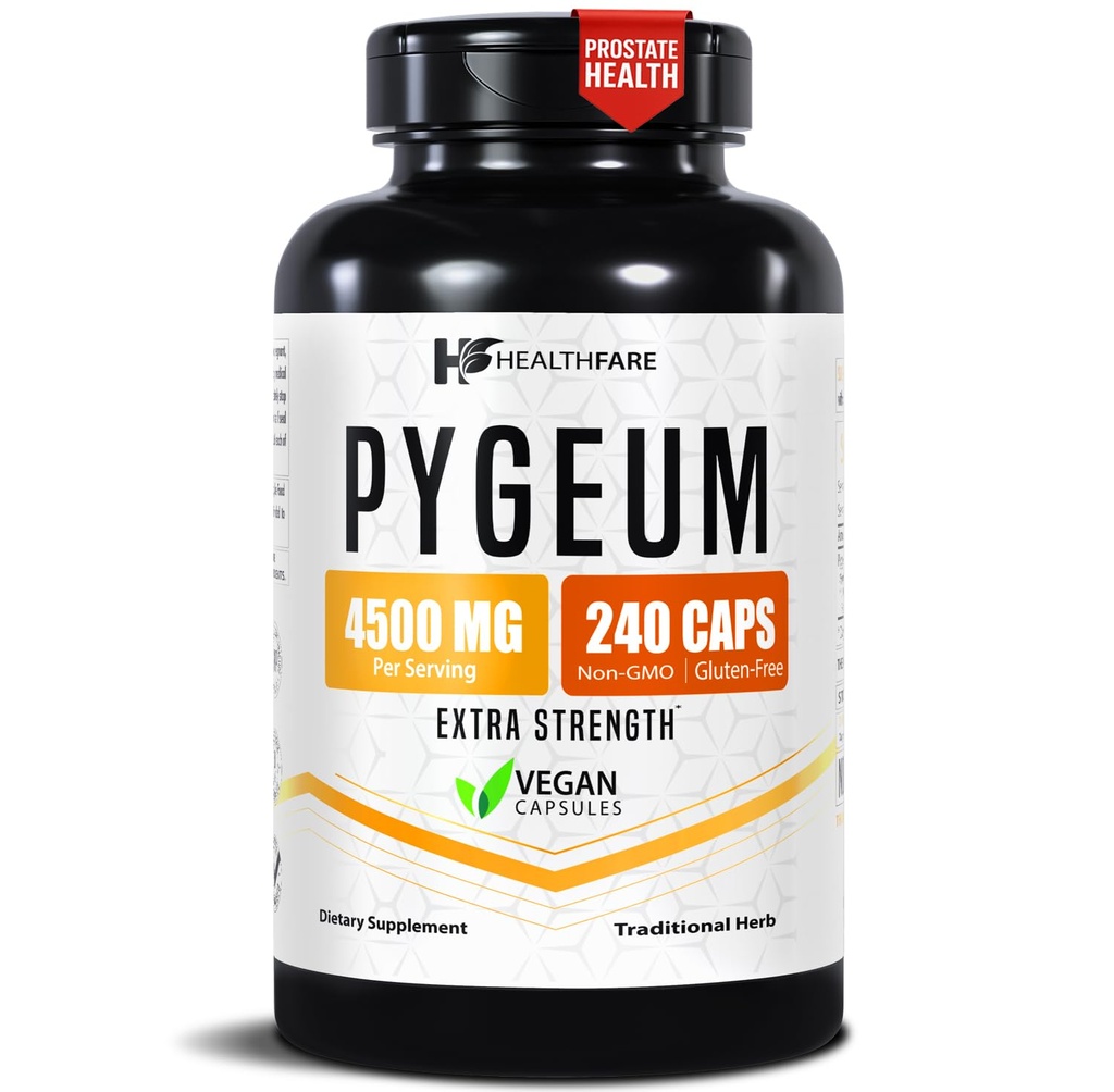 Healthfare Pygeum Supplement, 4500mg, 240 Capsules végétaliennes Extrait d'écorce ultra standardisé Supplément à base de plantes non-OGM et sans gluten